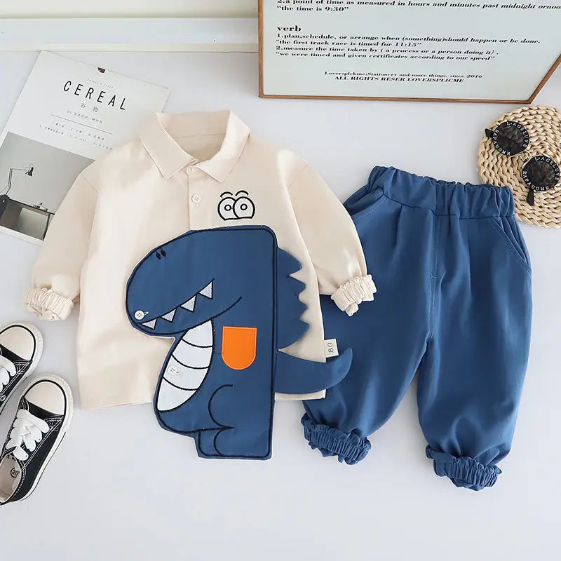 Cotton Sport Patchwork Dinosaur Shirt+  Jeans 2Pcs/Set