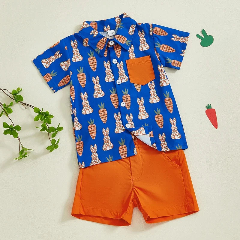 Boys Easter Outfits Bunny Carrot Pattern Collar Short Sleeve Shirt with Shorts 2 Pcs Set
