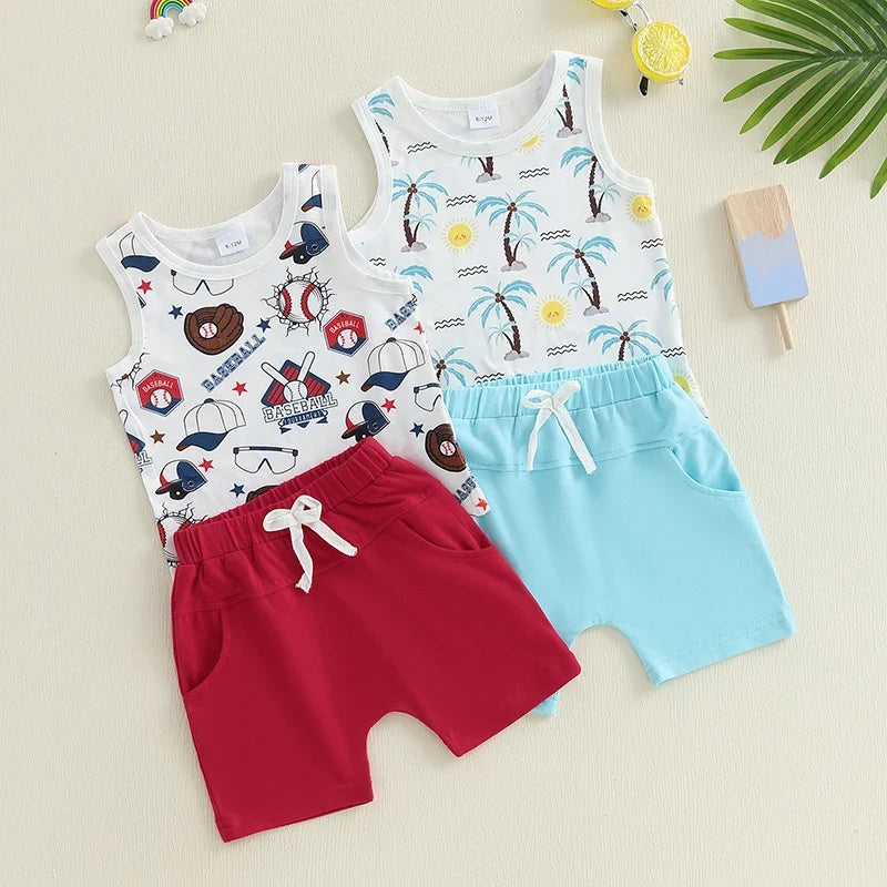 Boy Outfits Beach/Baseball Print Sleeveless Tank Tops and Elastic Shorts Set