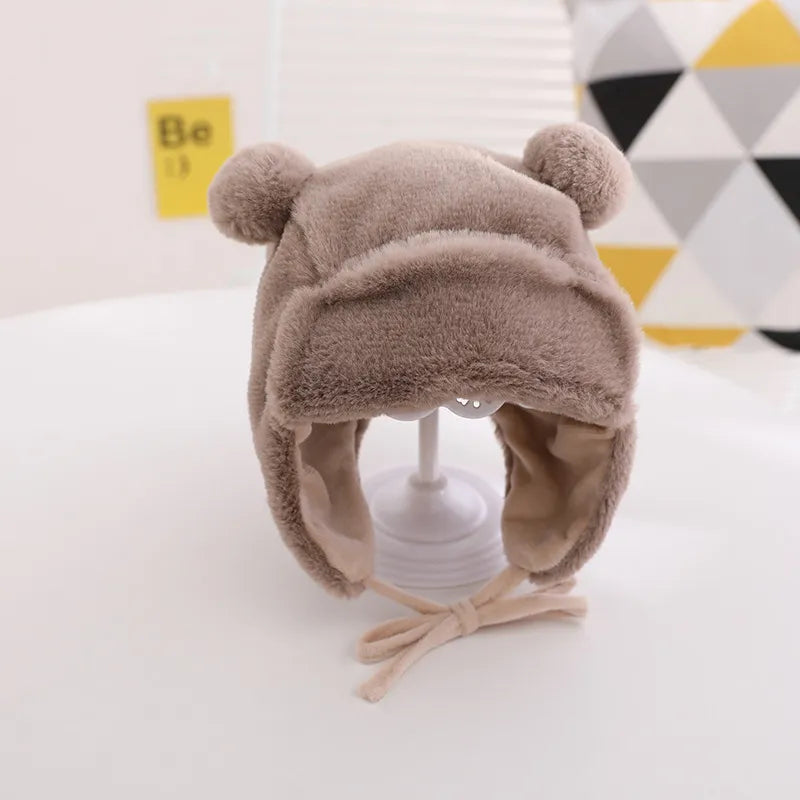 Cute Bear Baby Hat Soft Furry Ear Protection Kids Bonnet Hats with Earflaps Winter Warm Lined Infant Girl Boy Beanies Cap