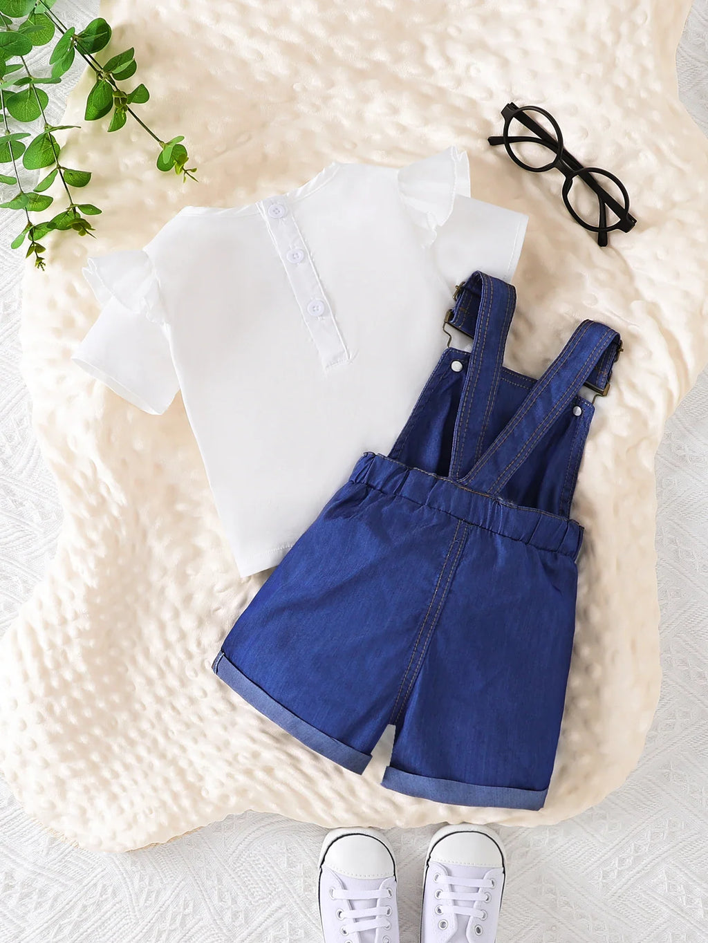 1-3 year old summer baby boy and girl casual solid color sleeveless top+versatile denim shoulder strap shorts set