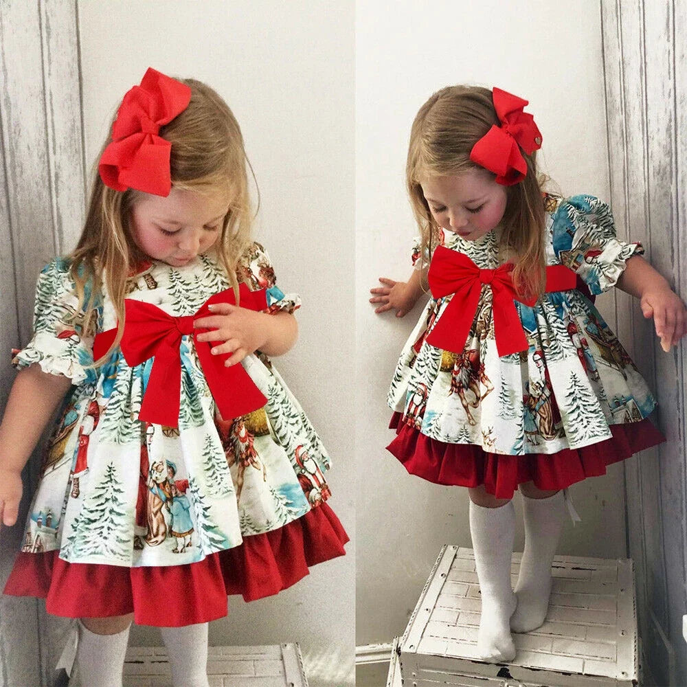 Christmas Bow Dress Kids Full Printing Casual Elk Xmas