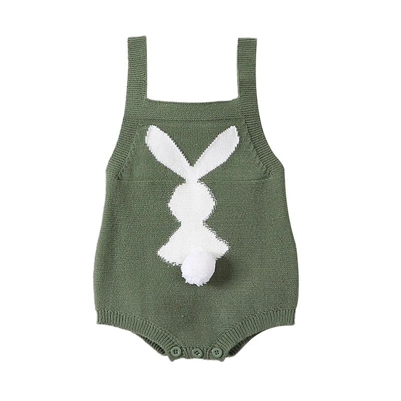 Bunny Print Square Neck Sleeveless Knit Rompers