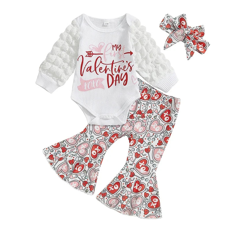 Baby Girls Valentine’s Day Outfits Puff Sleeve Letter Print Romper Pants