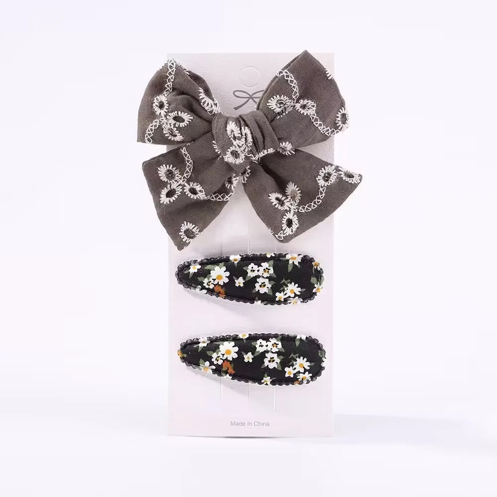 3Pcs Embroidery Flower Bow HairPins
