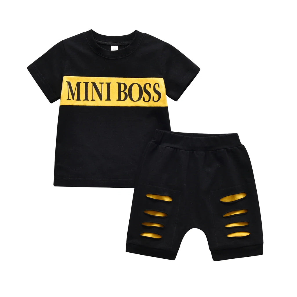 "Mini Boss" Letters Print T-shirt and Shorts Outfit