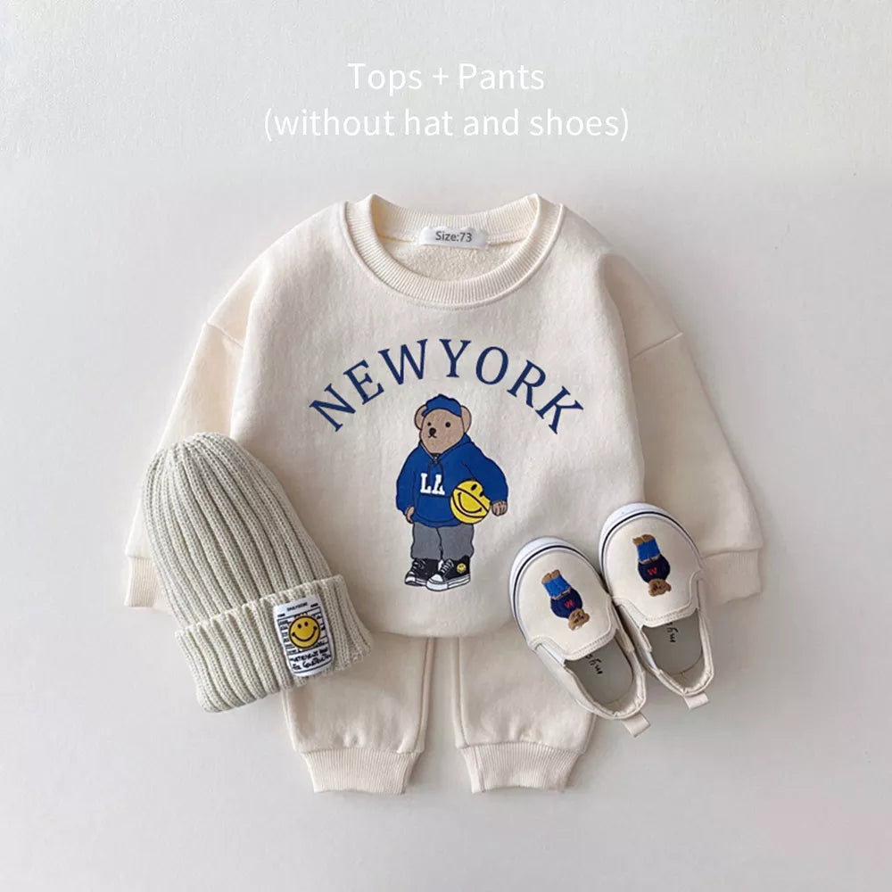 2pcs Letter Bear Long Sleeve Casual Hoodie Sweatshirt+Pants