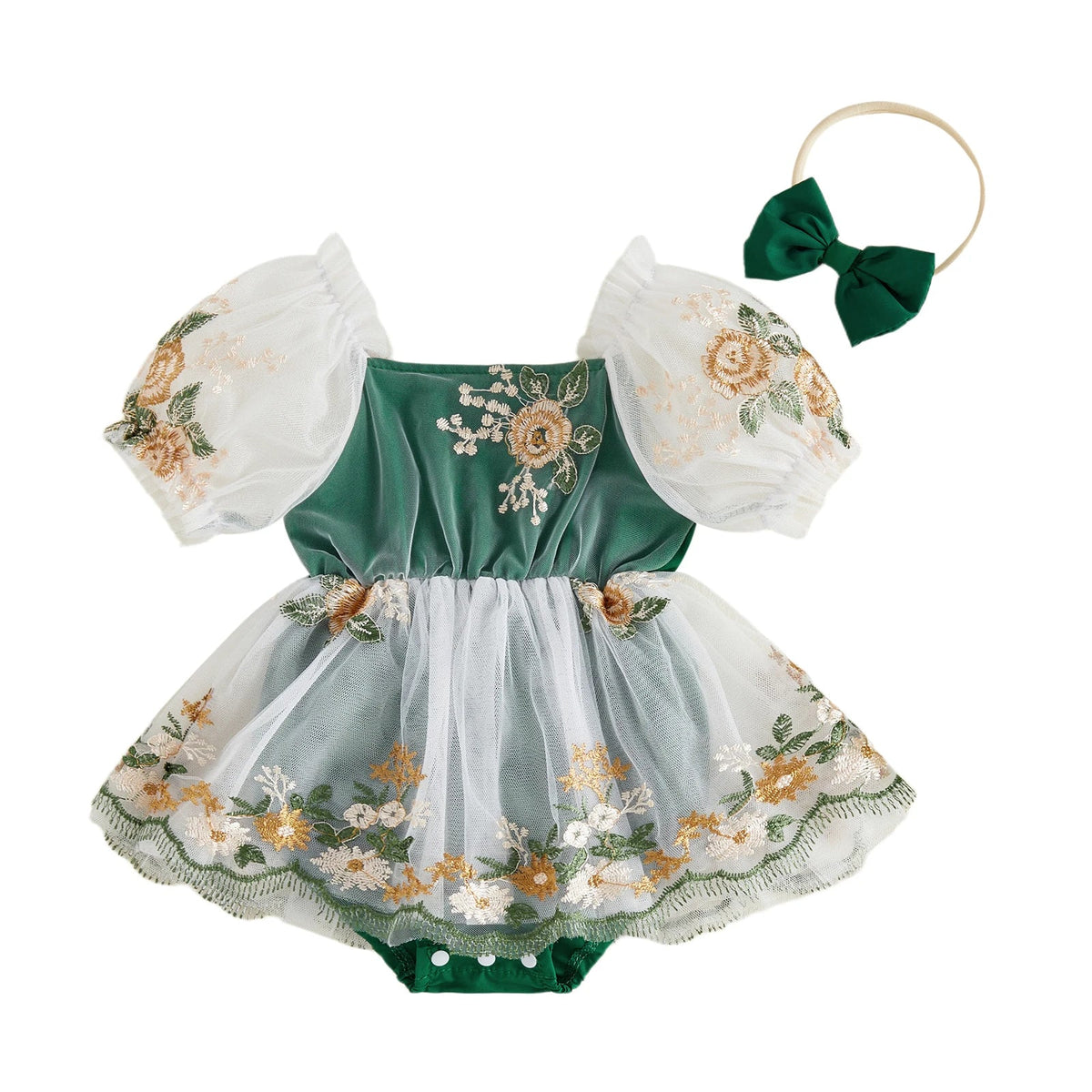 Baby Girl Summer Outfit Flower Embroidered Mesh Short Sleeve Dress and Bow Headband 2 Pcs Set