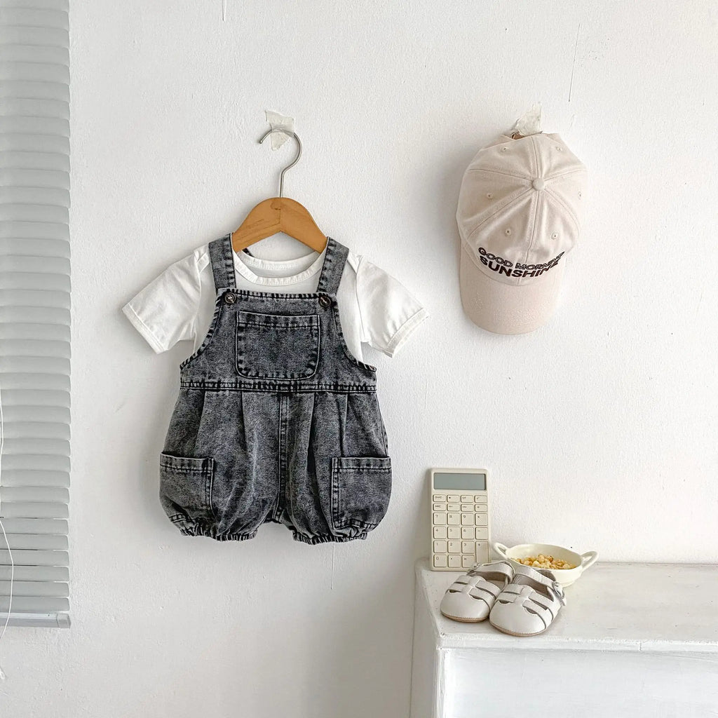 2025 Summer Outfit for Baby Boys and Girls Aged 0-3, Consisting of Denim Straps, Shorts, Two-piece Rainbow Printed T-shirt Set