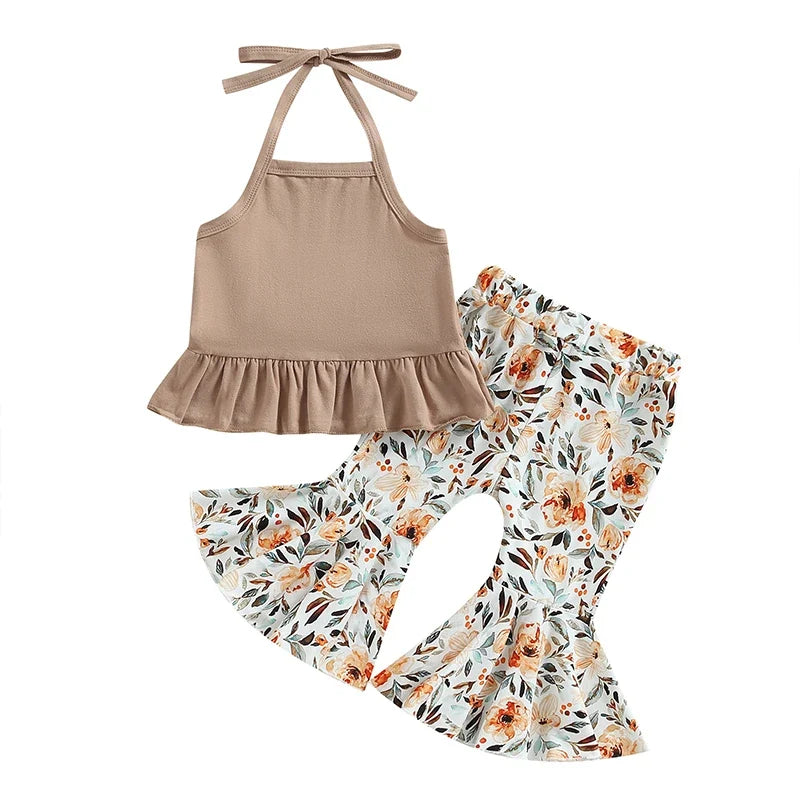 Baby Girls 2Pcs Summer Clothing Set Lacing Halterneck Vest with Flower Print Flare Pants