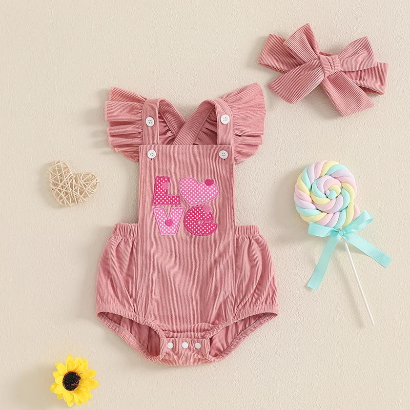 Baby Girl Valentines Day Outfit Heart Letter Embroidered Corduroy Overalls