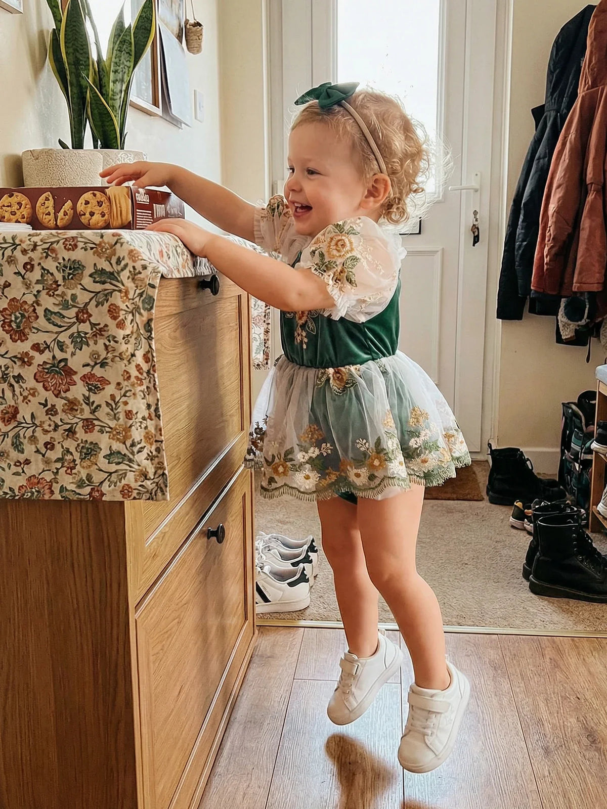 Baby Girl Summer Outfit Flower Embroidered Mesh Short Sleeve Dress and Bow Headband 2 Pcs Set