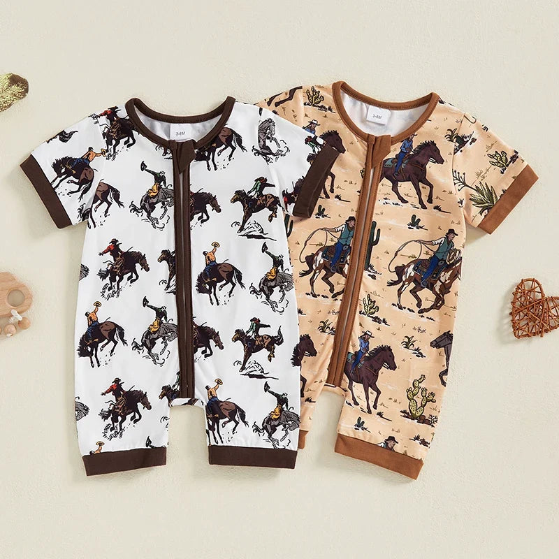 Boy Western Short Sleeve Round Neck Horse Print Jumpsuit