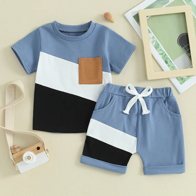 Contrast Color Short Sleeve T-shirt with Elastic Waist Shorts Set