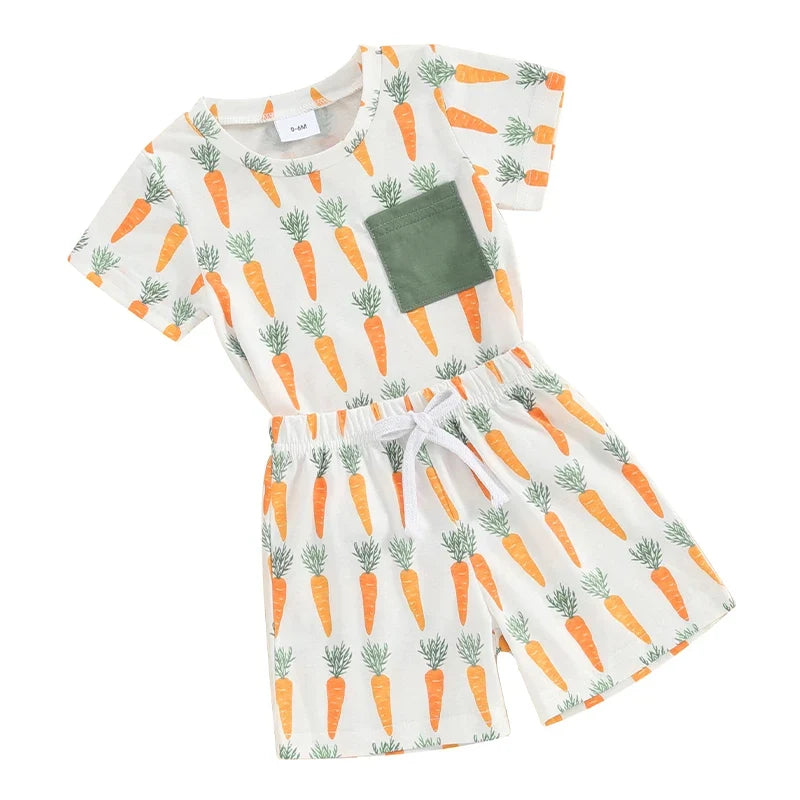 Carrot Print Short Sleeve Top Elastic Shorts Set