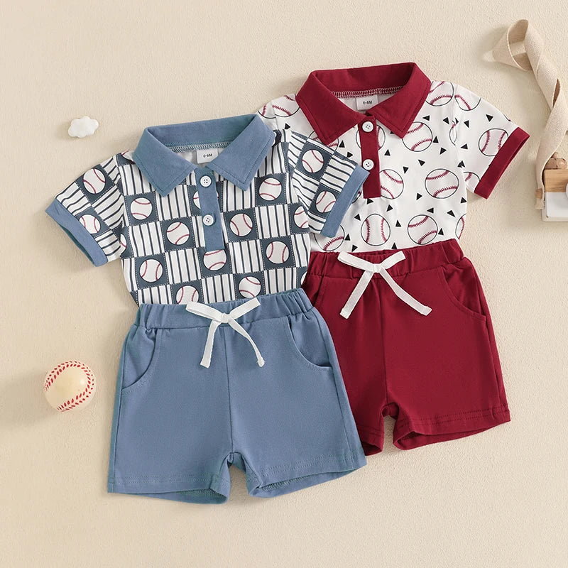 Boy Baseball Outfit Half Button-up Lapel Neck Short Sleeve Shirt Solid Short