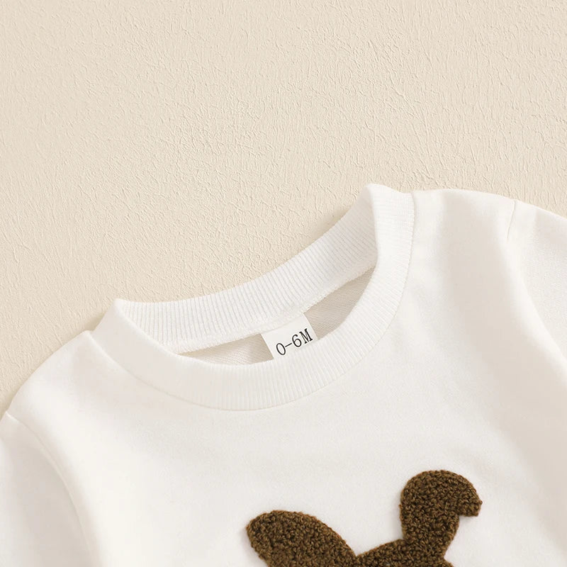 Boys Easter Outfits Bunny Embroidered Long Sleeve Sweatshirts and Long Pants