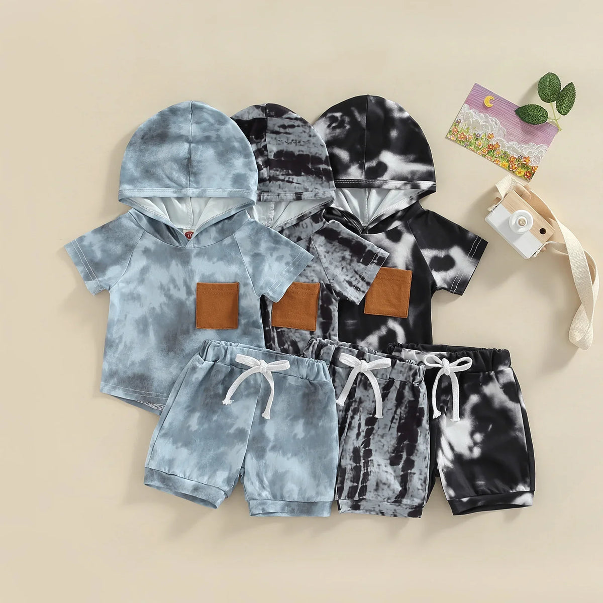 2Pcs Casual Clothing Set Short Sleeve Hooded Tie-Dye  Pritned Top and Shorts