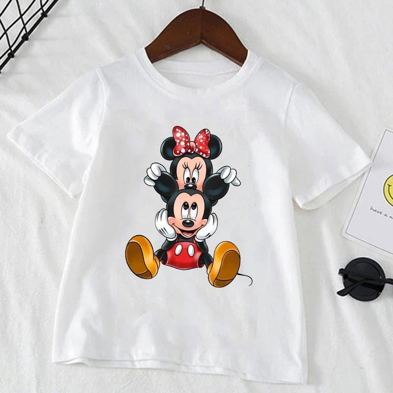 Cute Minnie Mickey Mouse Print Short Sleeve White T-shirt