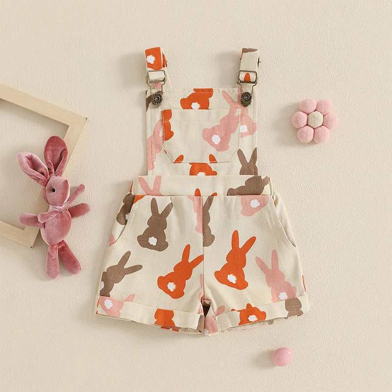 Baby Girl Easter Overalls Sleeveless Square Neck Bunny Graphic Suspender