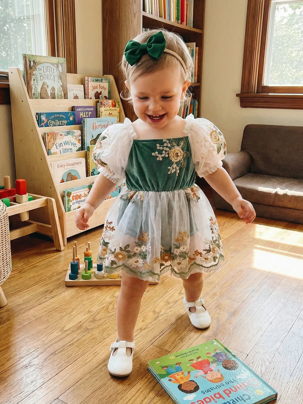 Baby Girl Summer Outfit Flower Embroidered Mesh Short Sleeve Dress and Bow Headband 2 Pcs Set