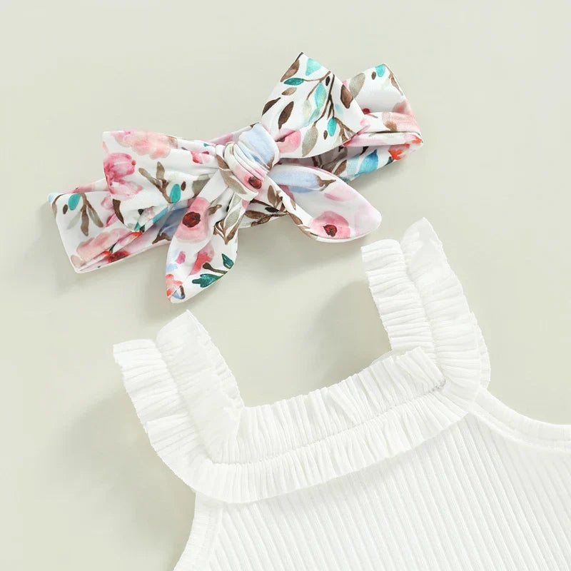 Baby Girls Shorts Set Sleeveless Romper Flower/Rainbow/ Print Shorts Hairband