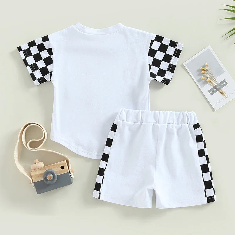 2Pcs Summer Clothes Suits Plaid Patchwork Short Sleeve Crew Neck T-Shirts and Shorts