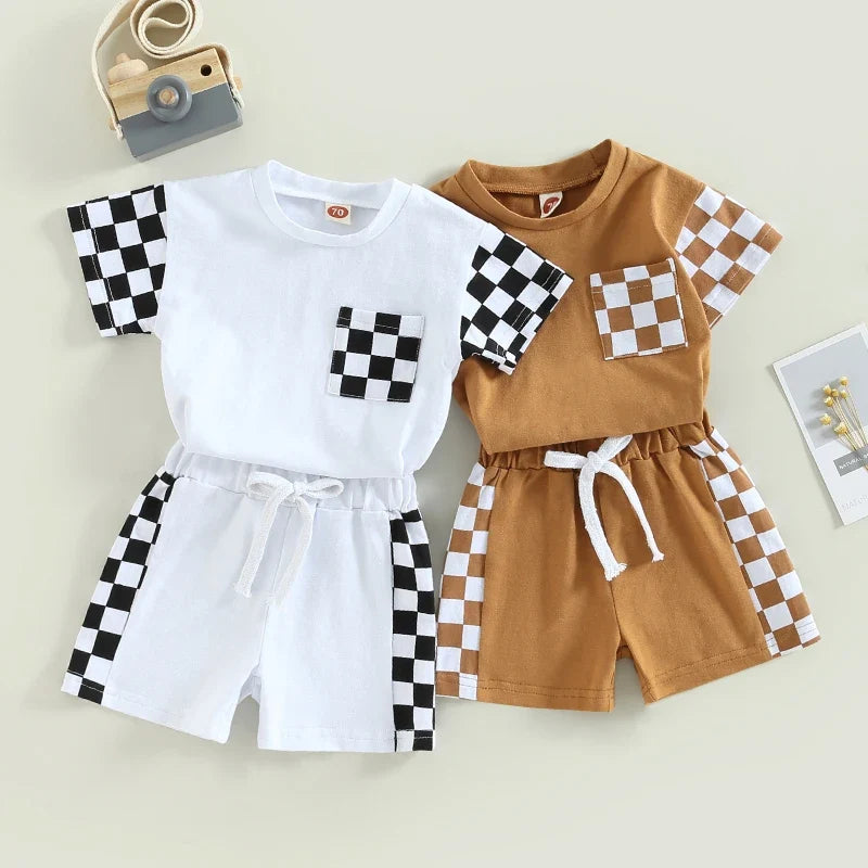 2Pcs Summer Clothes Suits Plaid Patchwork Short Sleeve Crew Neck T-Shirts and Shorts