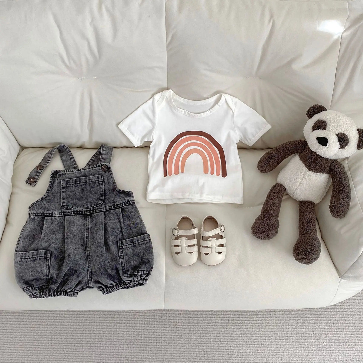 2025 Summer Outfit for Baby Boys and Girls Aged 0-3, Consisting of Denim Straps, Shorts, Two-piece Rainbow Printed T-shirt Set