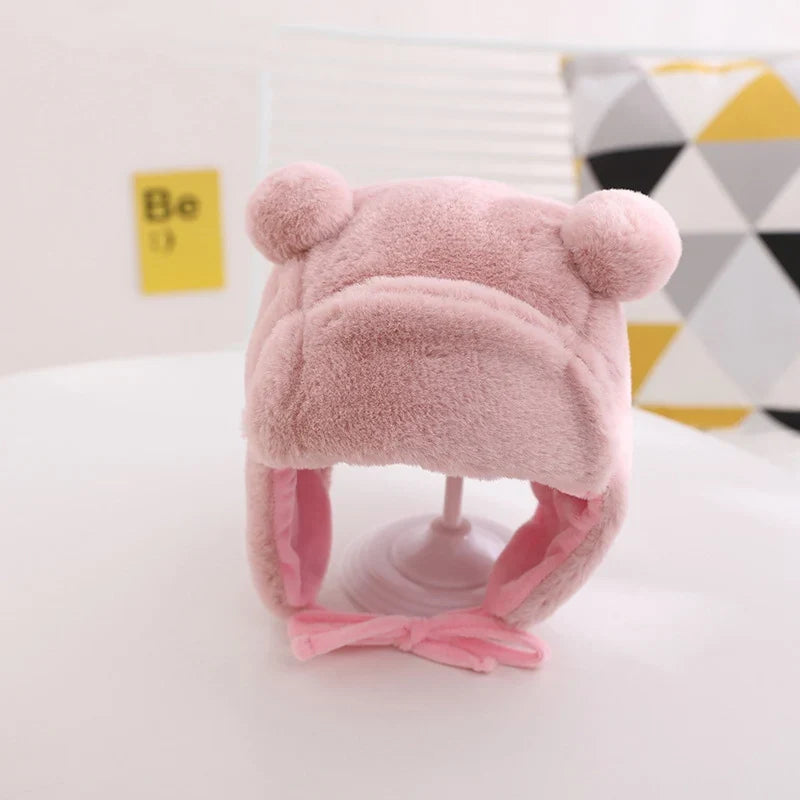 Cute Bear Baby Hat Soft Furry Ear Protection Kids Bonnet Hats with Earflaps Winter Warm Lined Infant Girl Boy Beanies Cap
