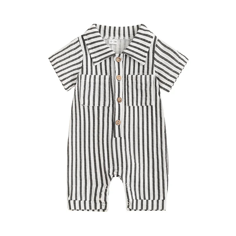 Boy Striped Romper Short Sleeve Front Single-breasted Legs Jumpsuit