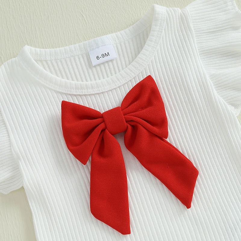 Baby Girl 3Pcs Summer Outfits Ruffle Sleeve Bow Tops + Shorts + Hat Set Toddler Clothes