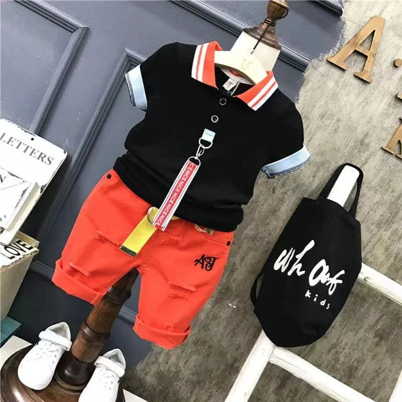 Boys' Summer 2024 New Set Summer Children's Clothing Children's Clothing Boys' Black T-shirt+Shorts Kids Outfits