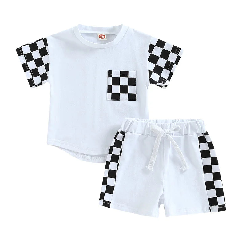2Pcs Summer Clothes Suits Plaid Patchwork Short Sleeve Crew Neck T-Shirts and Shorts