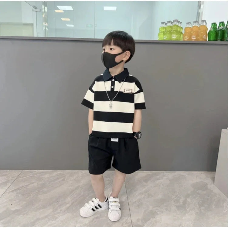 0-4 year old boy POLO shirt set, baby boy stripe short sleeved summer T-shirt+2 shorts Boys' lapel striped short sleeved