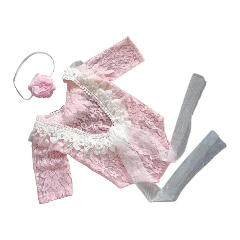 3Pcs Newborn Photography Props Baby Girl Lace Dress Infant Toddler Photo Props Headdress Outfits