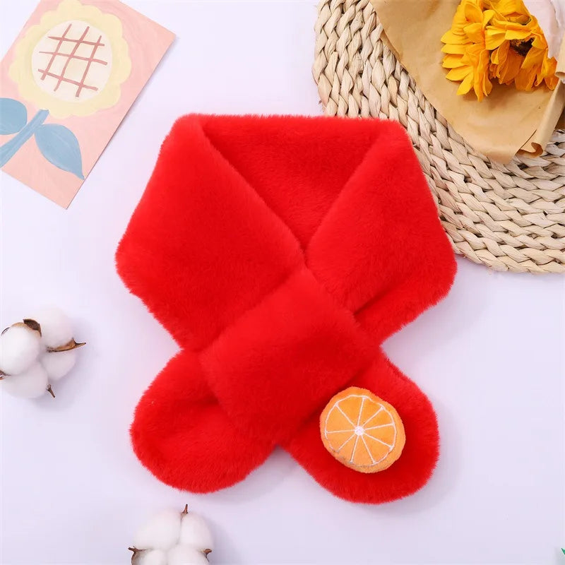 Baby Winter Warm Thicken Scarfs New Children Cute Cartoon Faux Rabbit Fur Cross Collar Scarves Boy Girl Soft Plush Scarf Gift