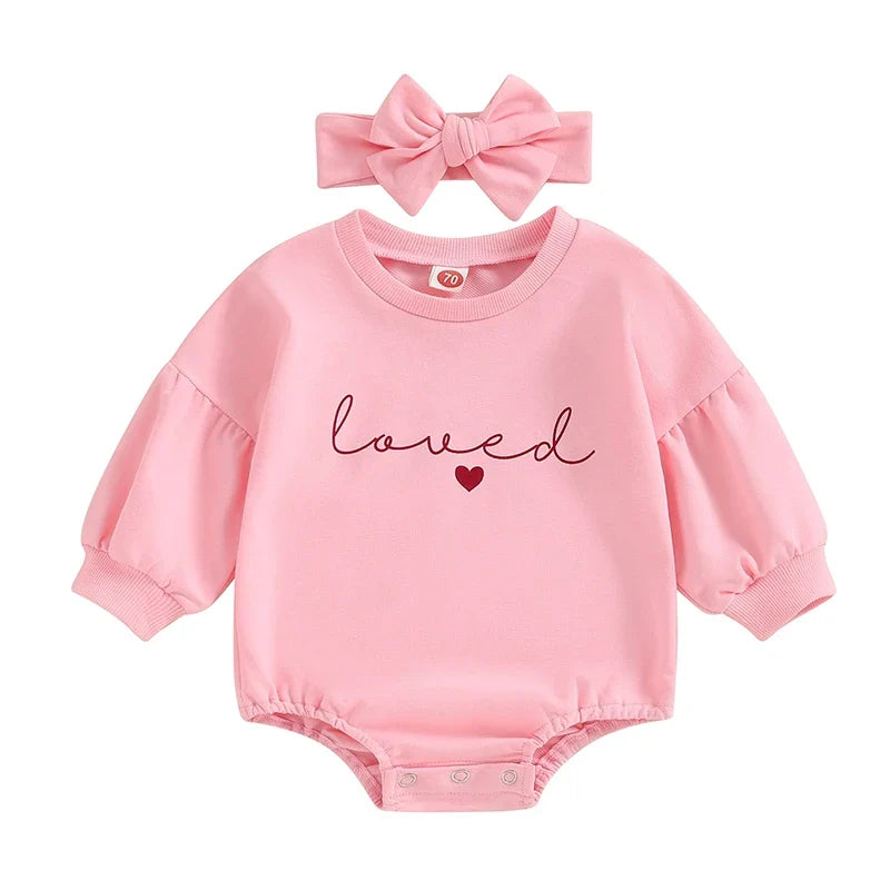 Baby Girl Sweatshirt Bubble Romper With Headband Heart