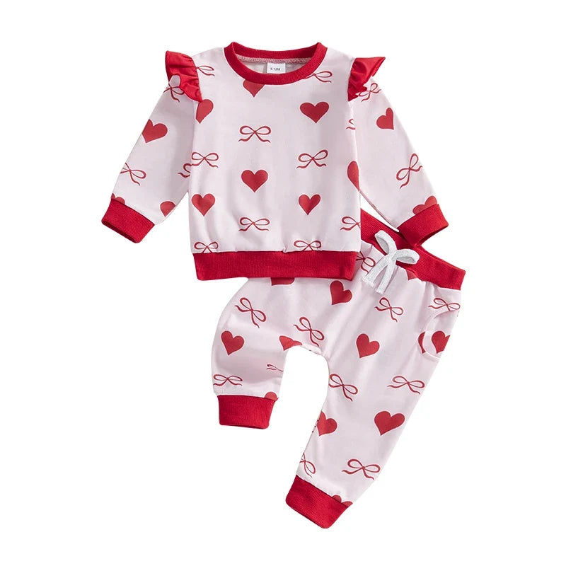 Bow /Heart Print Ruffle Long Sleeve Sweatshirt and Elastic Pants 2 Piece set