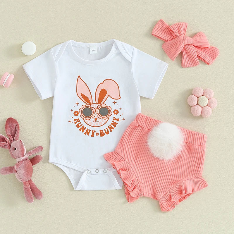 Bunny Print Short Sleeve Romper and Ruffles Shorts
