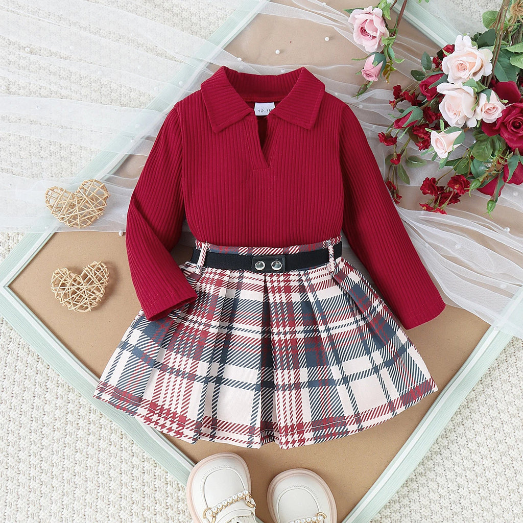 3PCS Autumn New Style 1-5 Year Old Middle And Middle School Girls Fashion College Style Solid Color Pit Top + Plaid Skirt Set