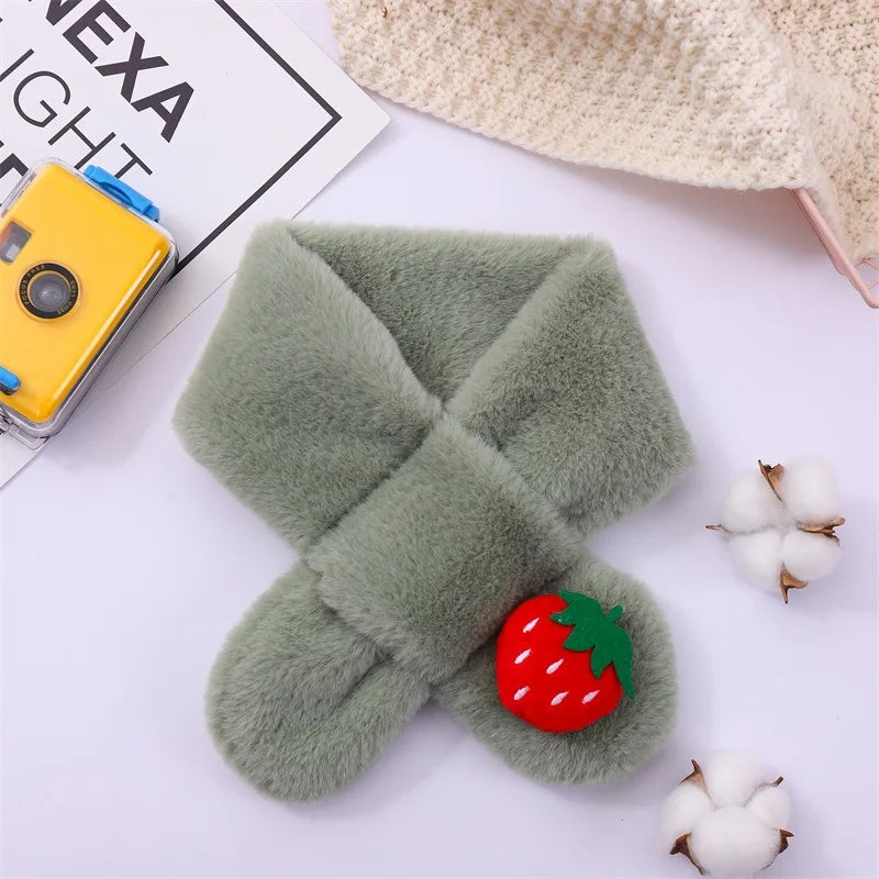 Baby Winter Warm Thicken Scarfs New Children Cute Cartoon Faux Rabbit Fur Cross Collar Scarves Boy Girl Soft Plush Scarf Gift