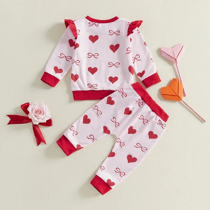 Bow /Heart Print Ruffle Long Sleeve Sweatshirt and Elastic Pants 2 Piece set