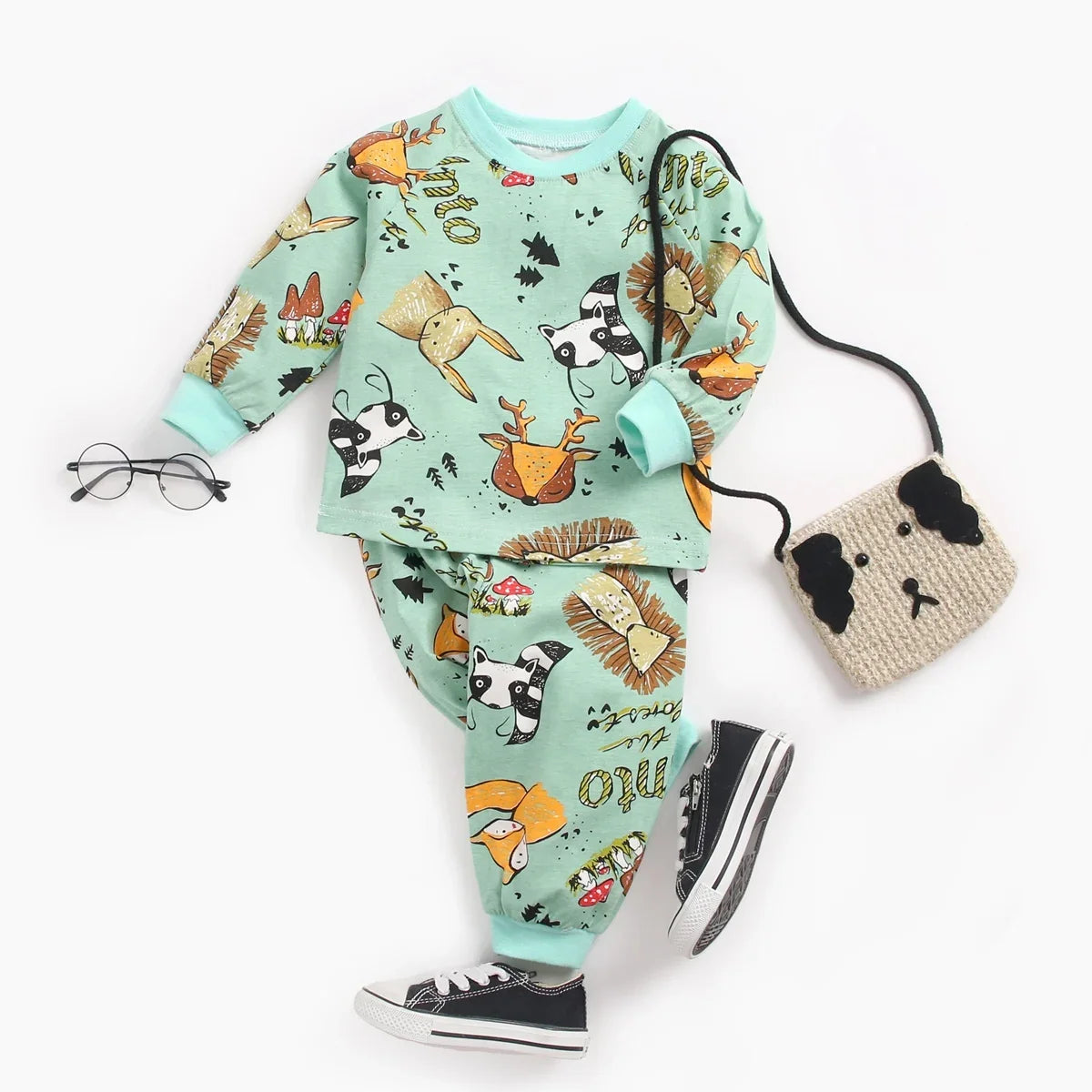 Cotton Long Sleeve Tops + Pants 2Pcs Animals Pajamas
