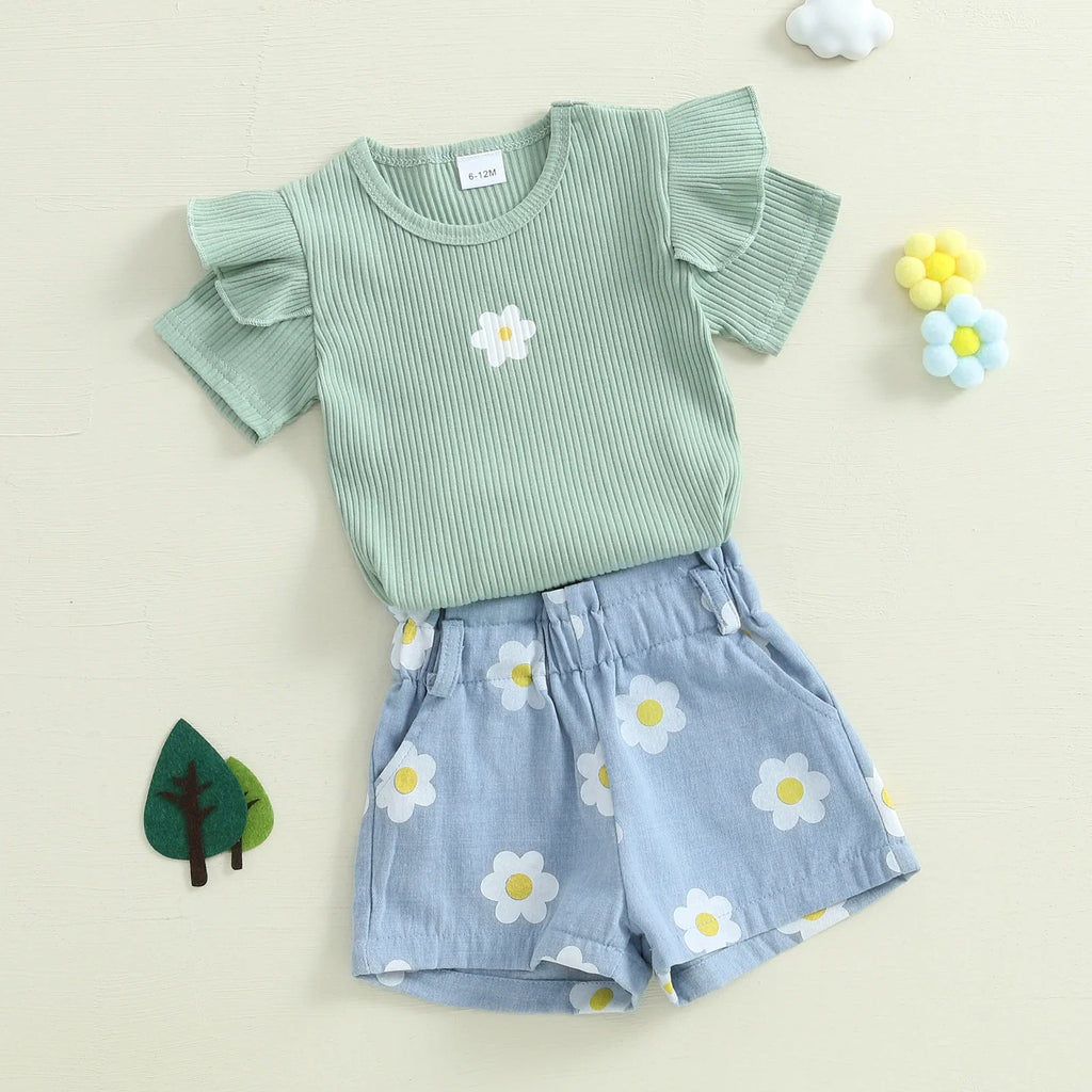 1-4Y Baby Girl Summer Outfits Ruffle Short Sleeve Floral Print Ribbed t Shirt Tops Shorts Set Toddler Baby Clothing 2Pcs