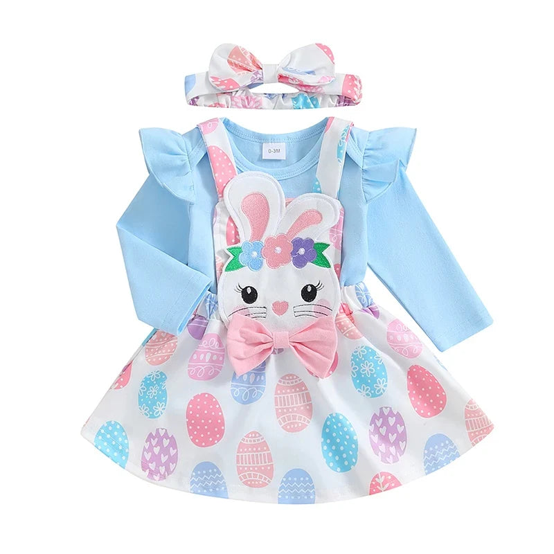 3Pcs Outfits Set Short Sleeve Romper Suspender Skirt With Headband