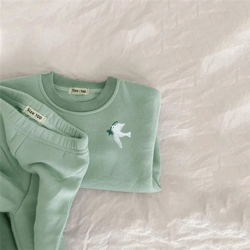 2Pcs Set Embroidery Thicken Fleece Outfit