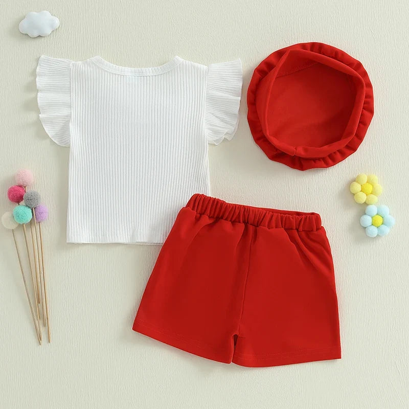 Baby Girl 3Pcs Summer Outfits Ruffle Sleeve Bow Tops + Shorts + Hat Set Toddler Clothes