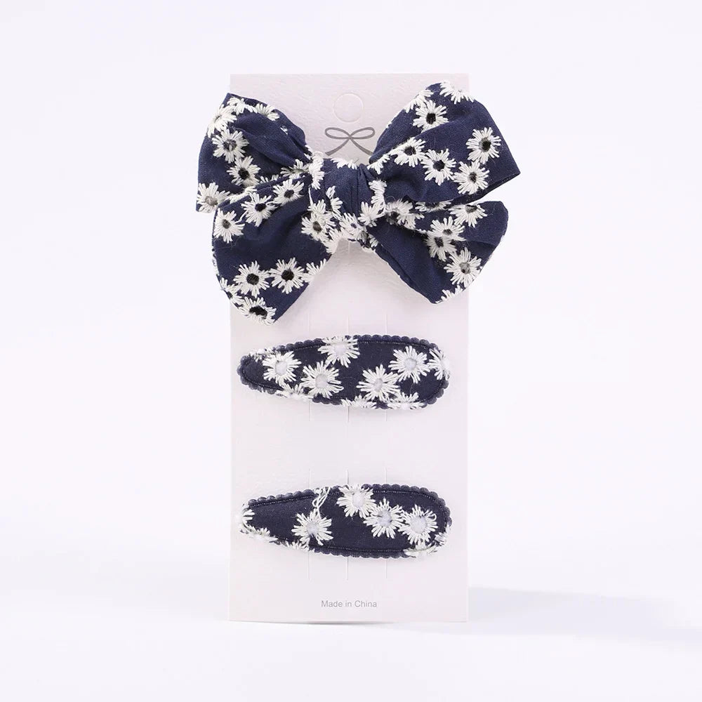 3Pcs Embroidery Flower Bow HairPins