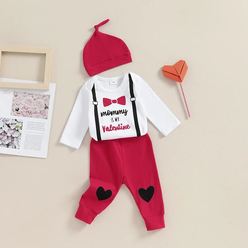 Bow Print Long Sleeve Romper with Pants and Hat Outfit